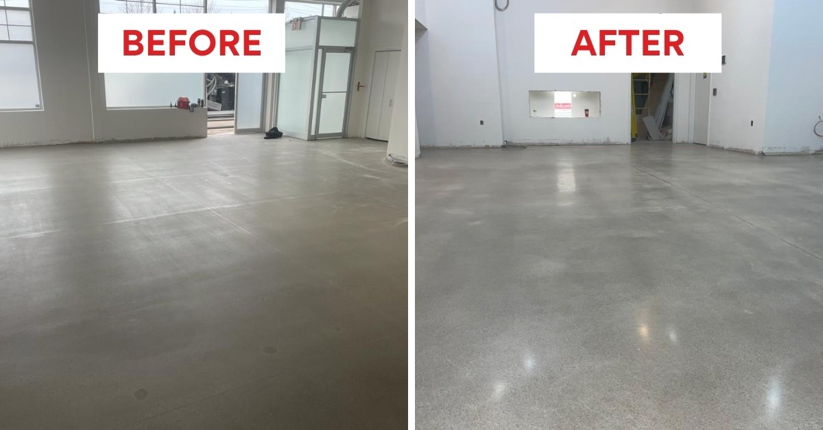 Image depicts before and after images from our concrete polishing project for a Vape Store in Wasaga Beach