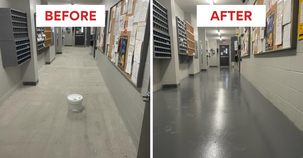 Before and fter images from grey epoxy flooring project in Toronto factory.