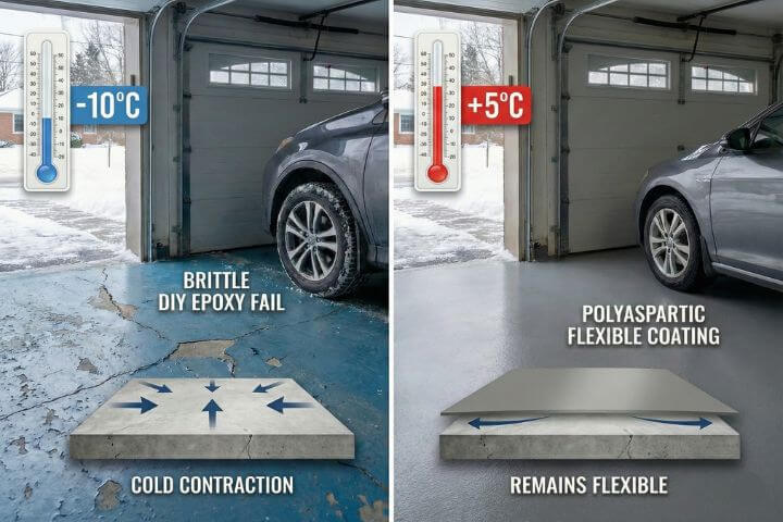 Comparison diagram showing brittle DIY epoxy failing and cracking in -10°C cold vs flexible Polyaspartic coating that withstands Toronto winter temperature swings.