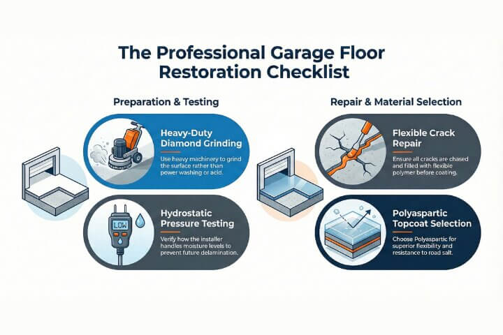 Infographic of the professional garage floor restoration process: Heavy-duty diamond grinding, hydrostatic pressure testing, flexible crack repair, and Polyaspartic topcoat selection.