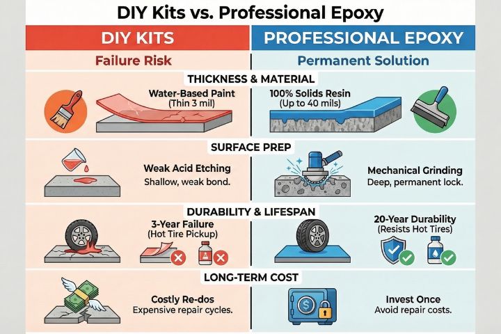 diy epoxy kits vs professional installation the differences between DIY Epoxy Kits vs Professional Installation in terms of material thickness, surface preparation, durability, and long-term costs.