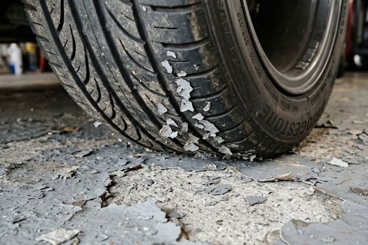 store bought floor coating hot tire damage hot tire pickup destroying a weak store-bought floor coating in a residential garage.