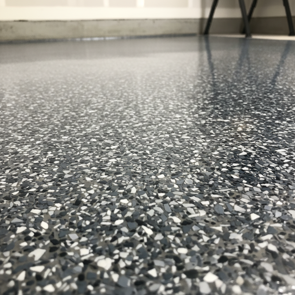 Close-up of professional epoxy flake system on garage floor