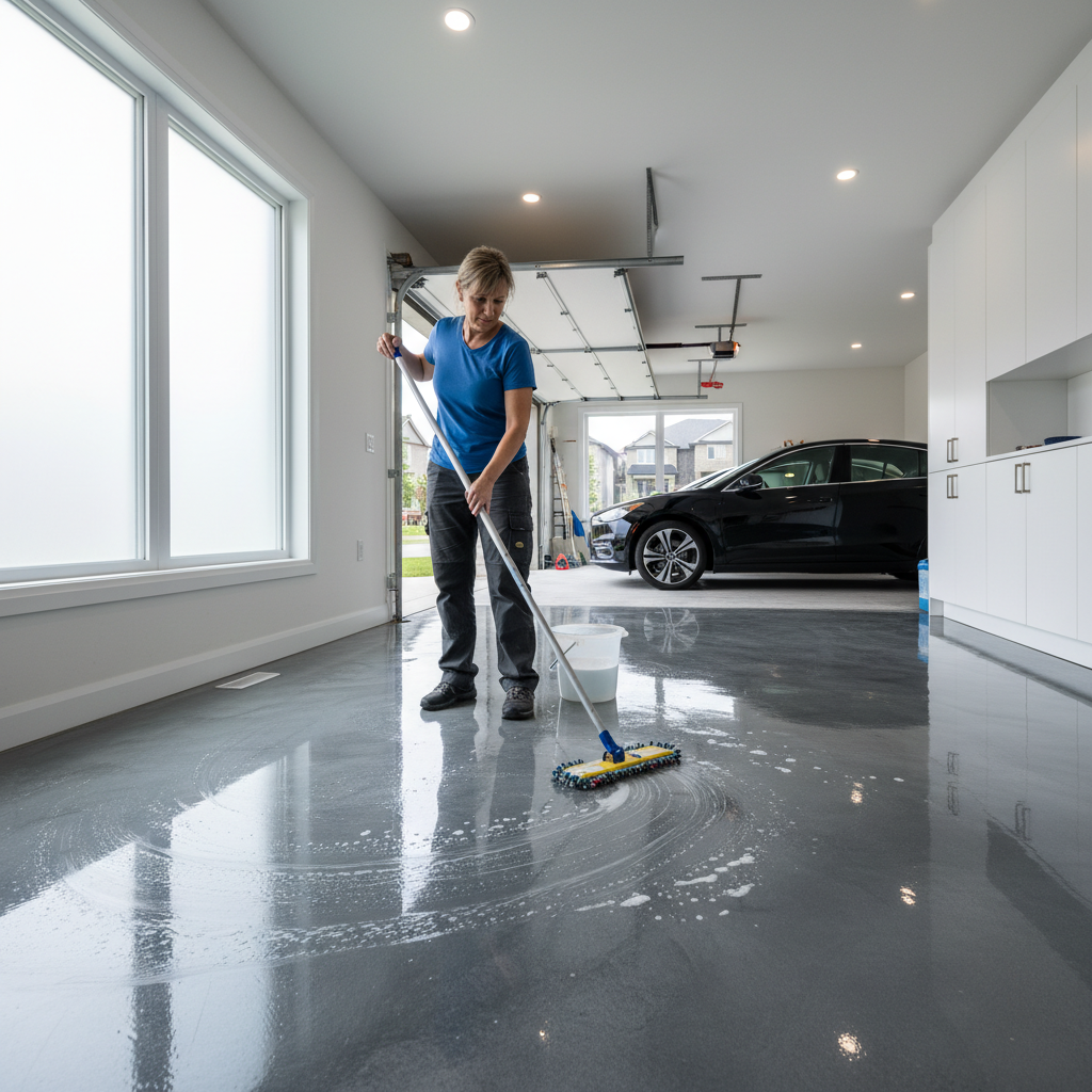 Homeowner cleaning and maintaining epoxy garage floor in Ontario
