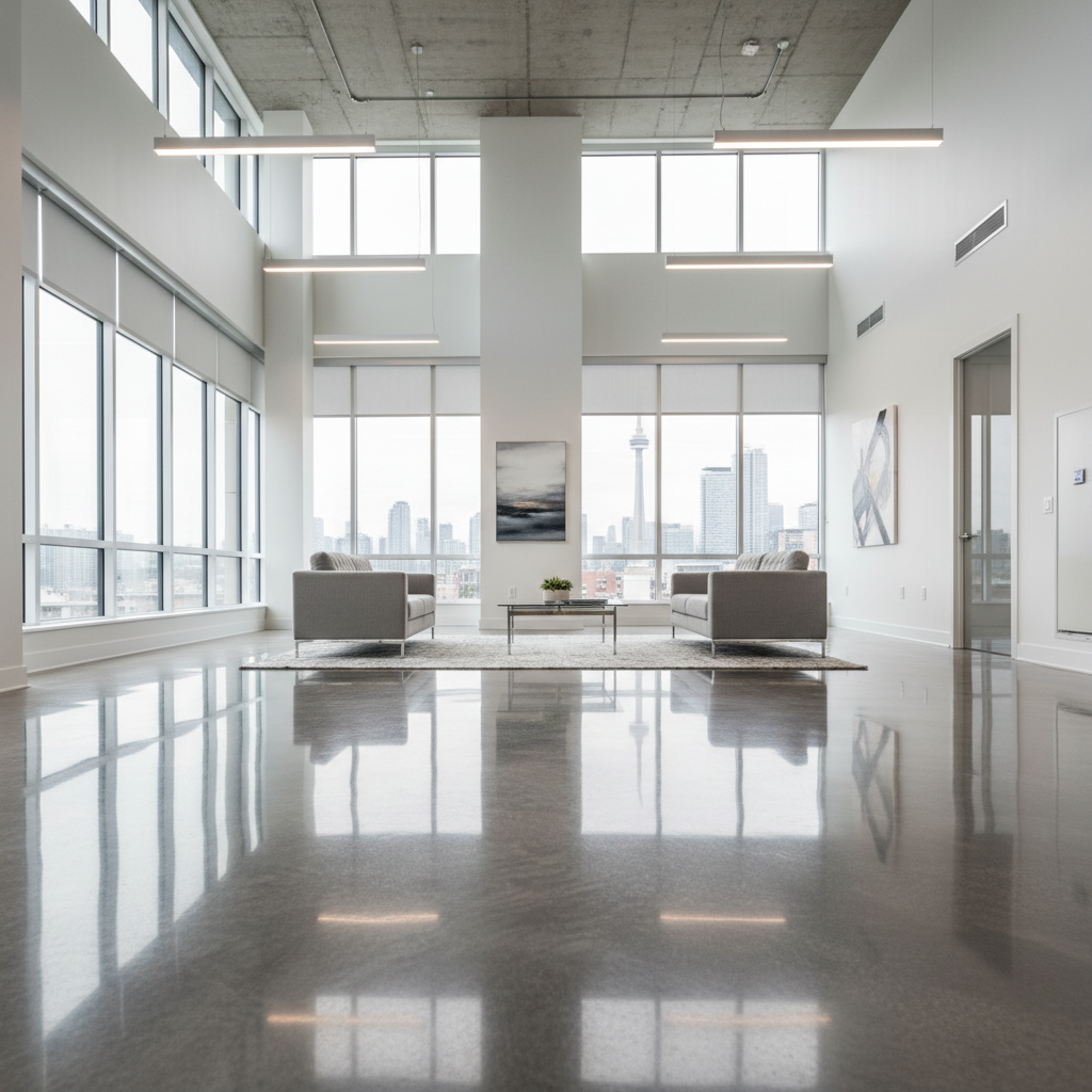 High-gloss polished concrete floor in Toronto commercial space