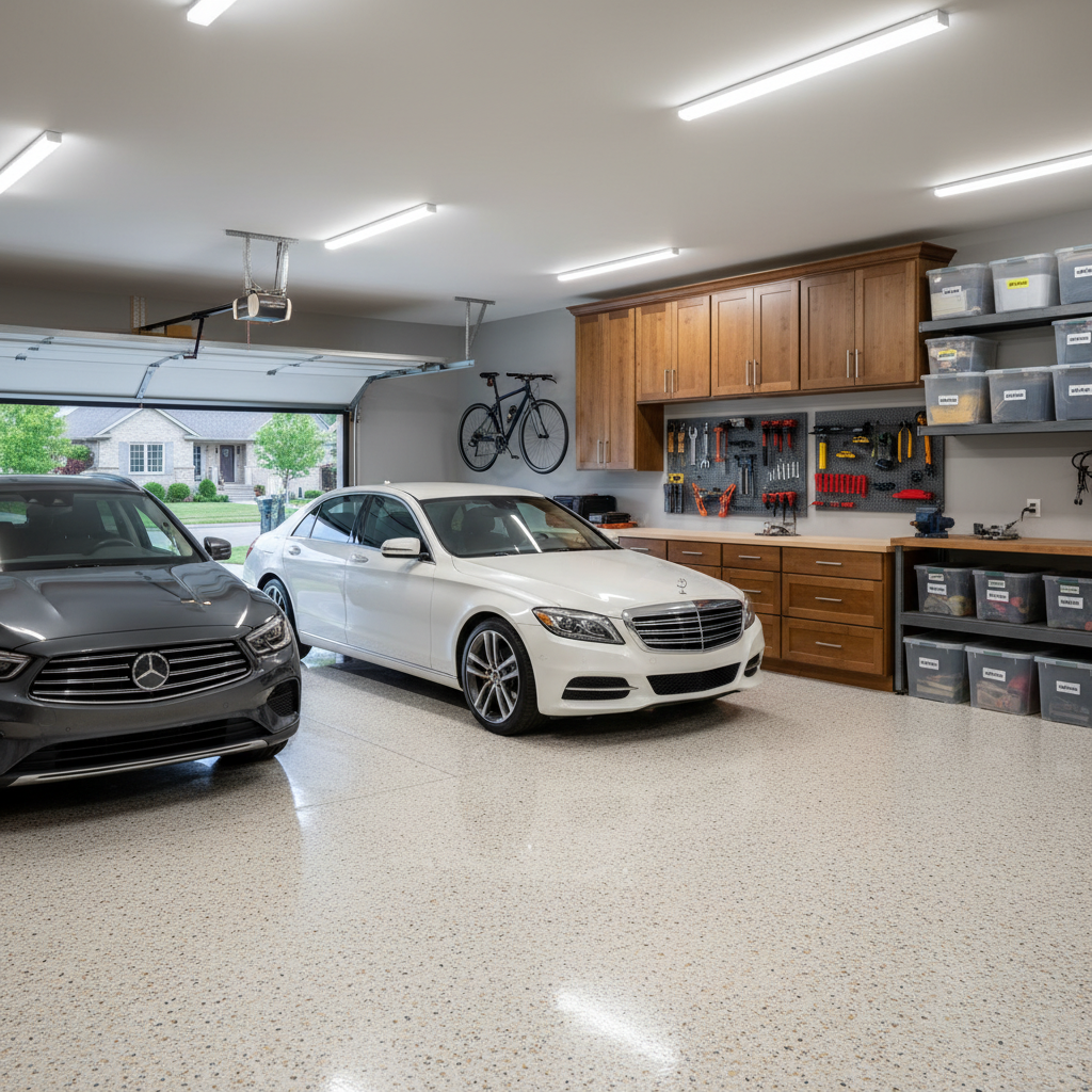 Residential garage with premium epoxy flake floor coating