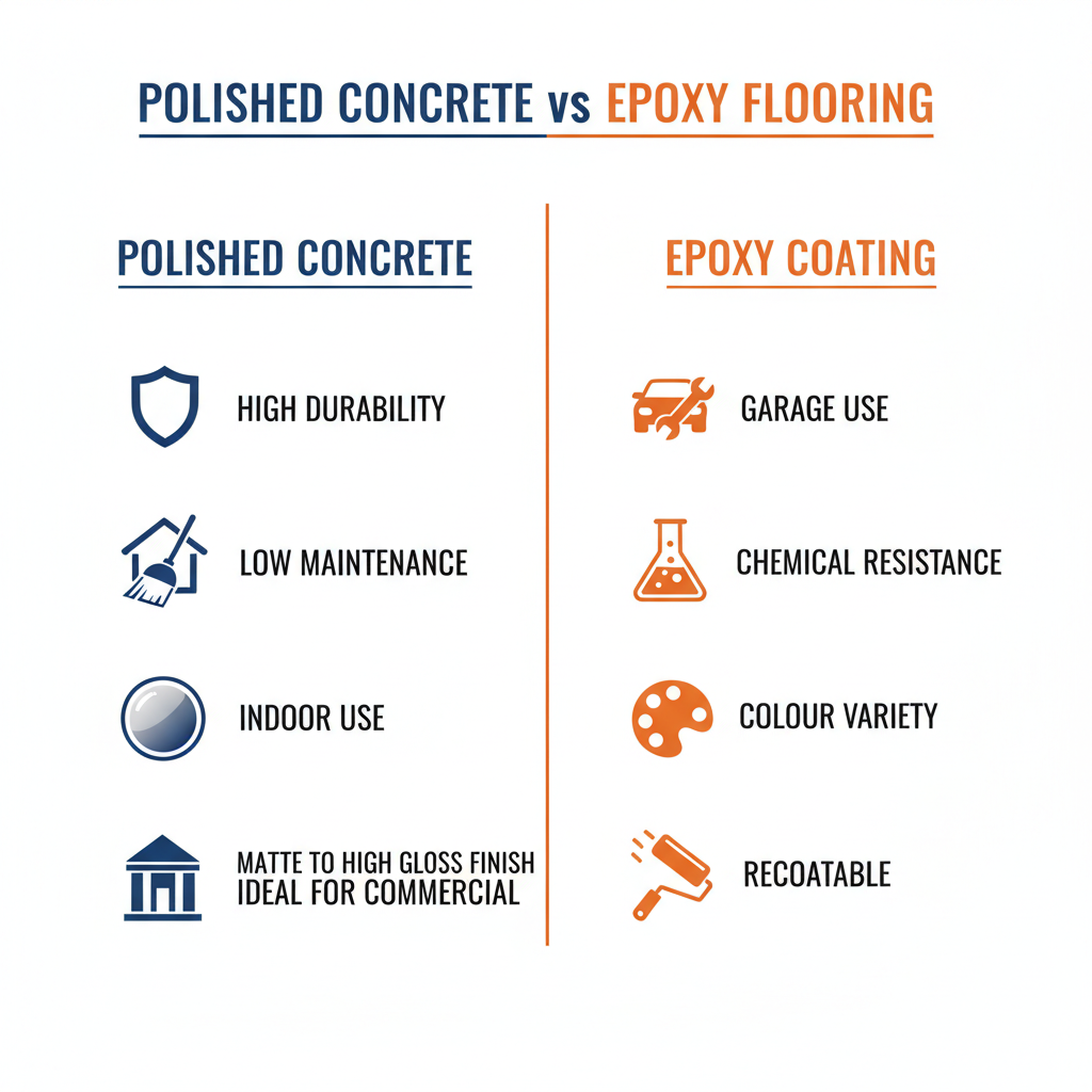 Comparison infographic: polished concrete vs epoxy flooring for Ontario homes and businesses