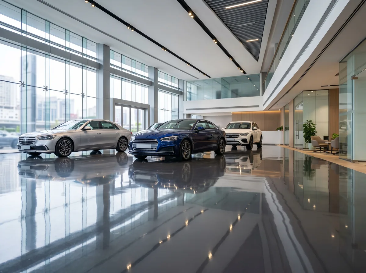 Bright modern car showroom with a high-gloss seamless epoxy floor reflecting vehicles under display lighting