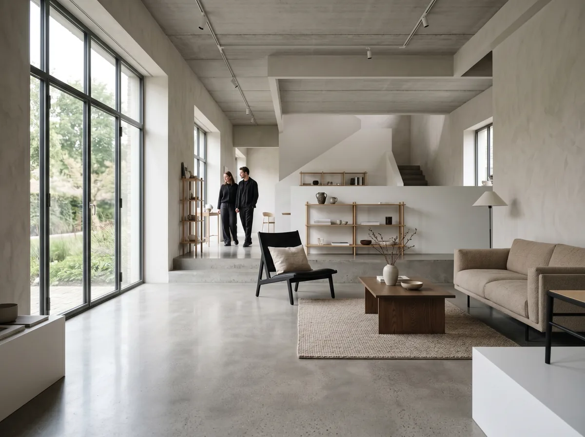 Furniture showroom with a matte high-gloss polished concrete floor giving a clean architectural look under daylight