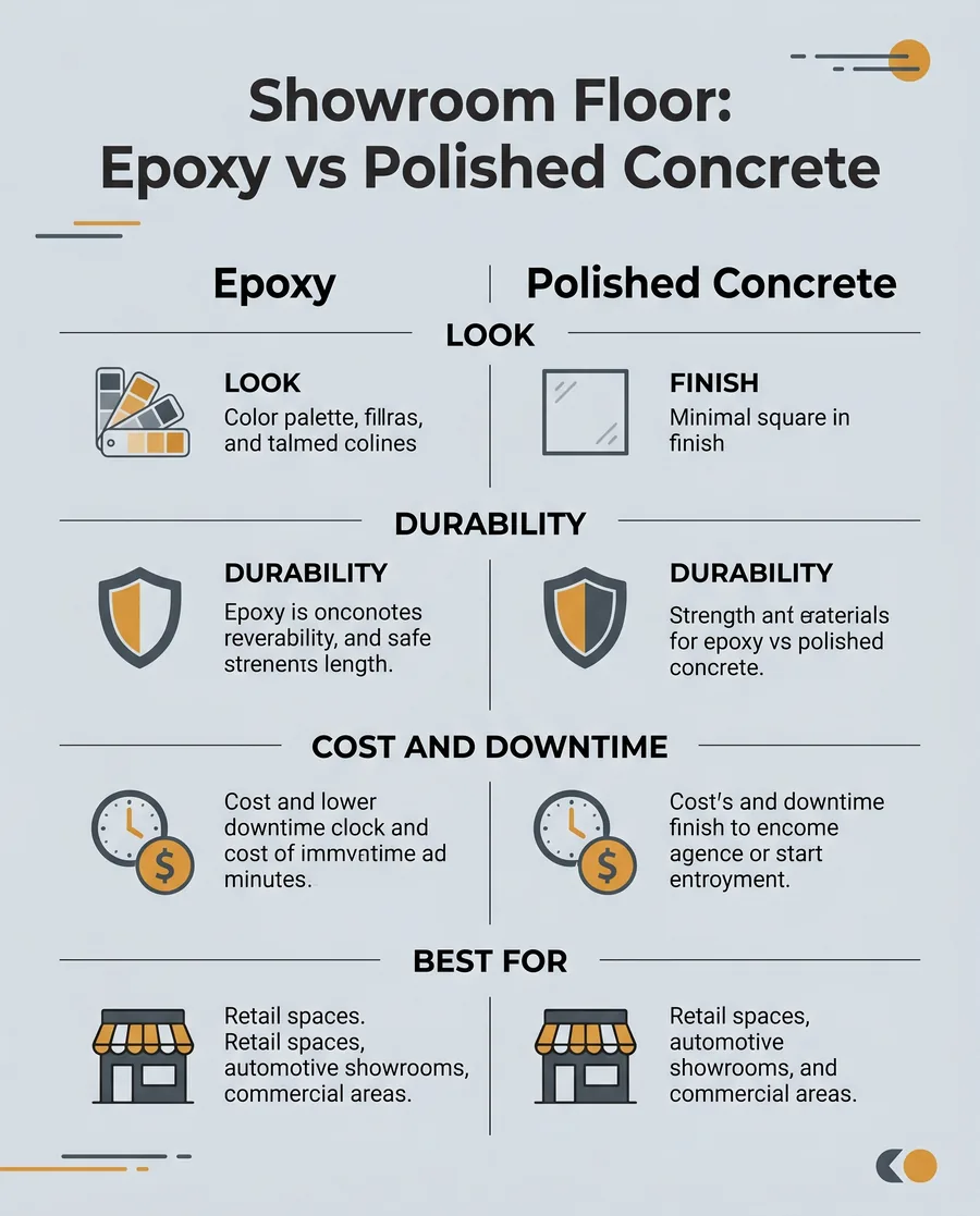 Infographic comparing epoxy and polished concrete for a showroom across look, durability, cost, and downtime