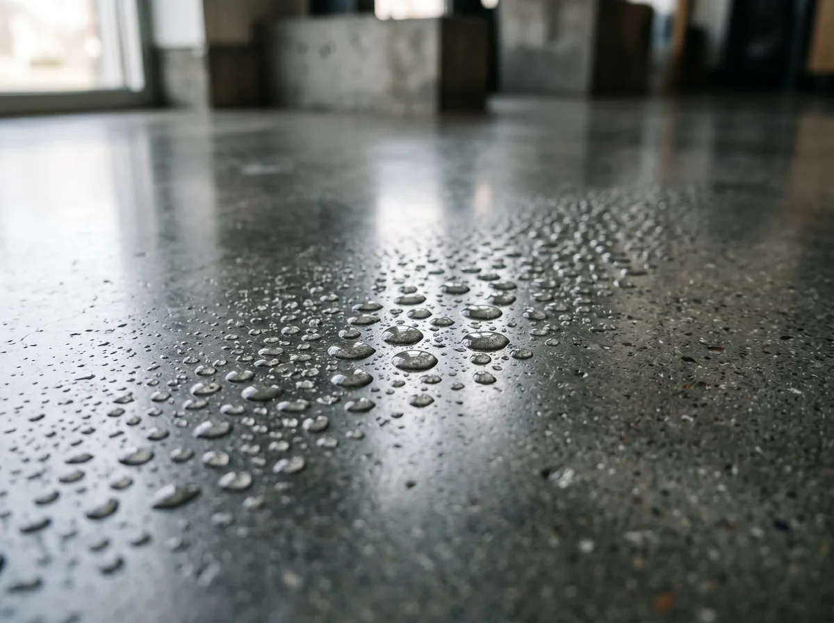 Beads of condensation forming on a polished concrete floor on a humid morning in a Toronto basement