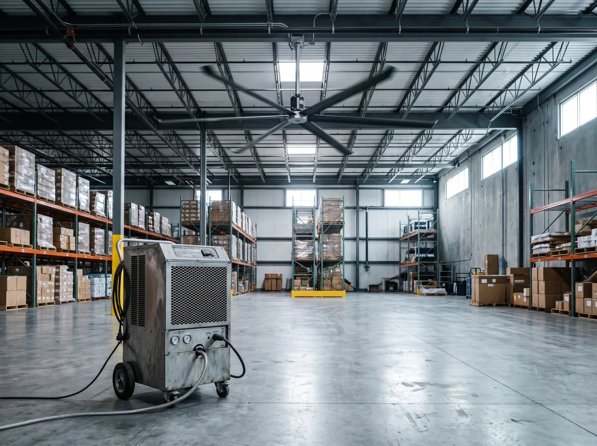 Industrial dehumidifier and a high-volume fan running in a warehouse to control concrete slab condensation