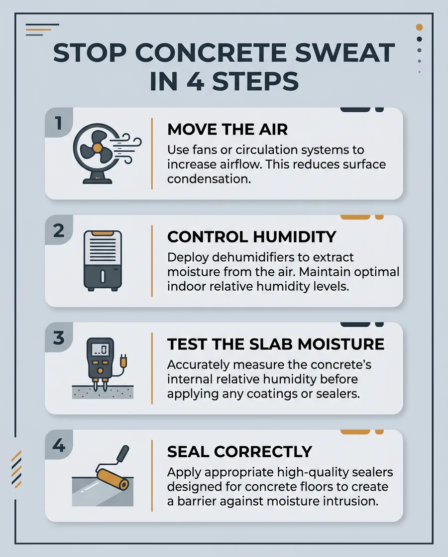 Infographic showing the four-step plan to prevent concrete sweat: move air, control humidity, test moisture, seal correctly