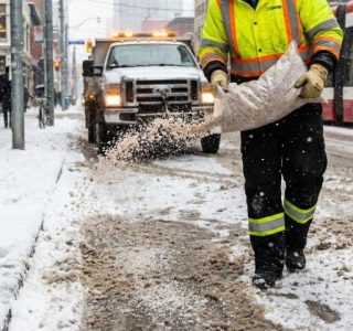 Road crew spreading heavy salt and brine on a snowy Toronto street, which causes crystallization spalling on epoxy garage floors.